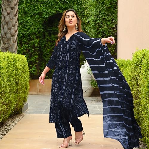 Grey Rayon Blend Bandhej Kurta Set for Women - Image 3