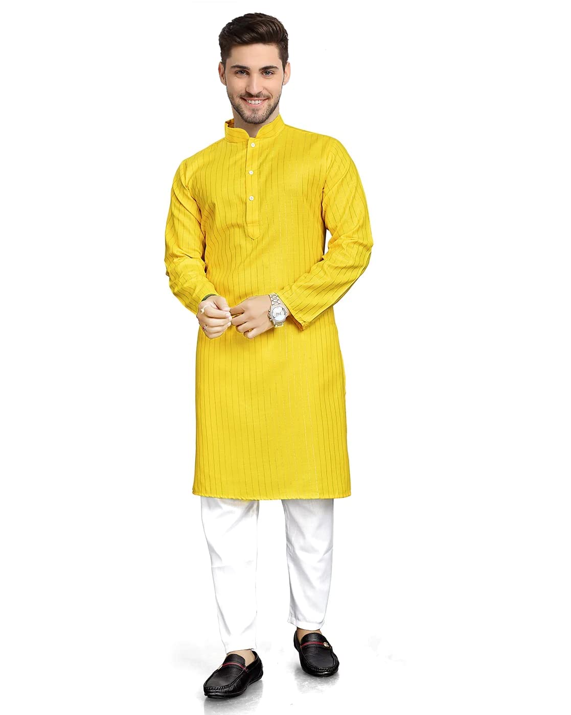 Enmozz Men's Textured Lining Kurta - Yellow - Image 2