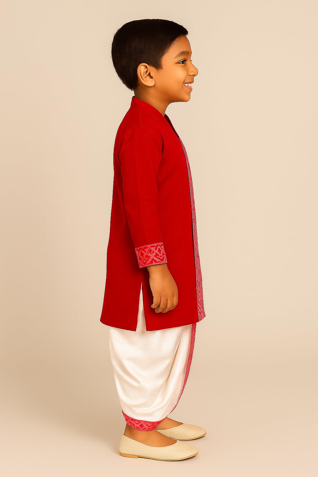 Boys' Cotton Kurta & Silk Dhoti Set - Red - Image 3