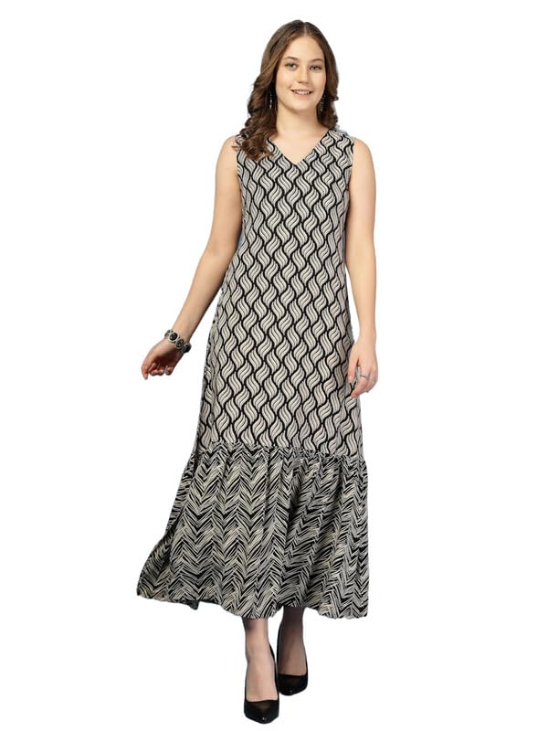 Daevish Rayon Printed Maxi Dress for Women - Black