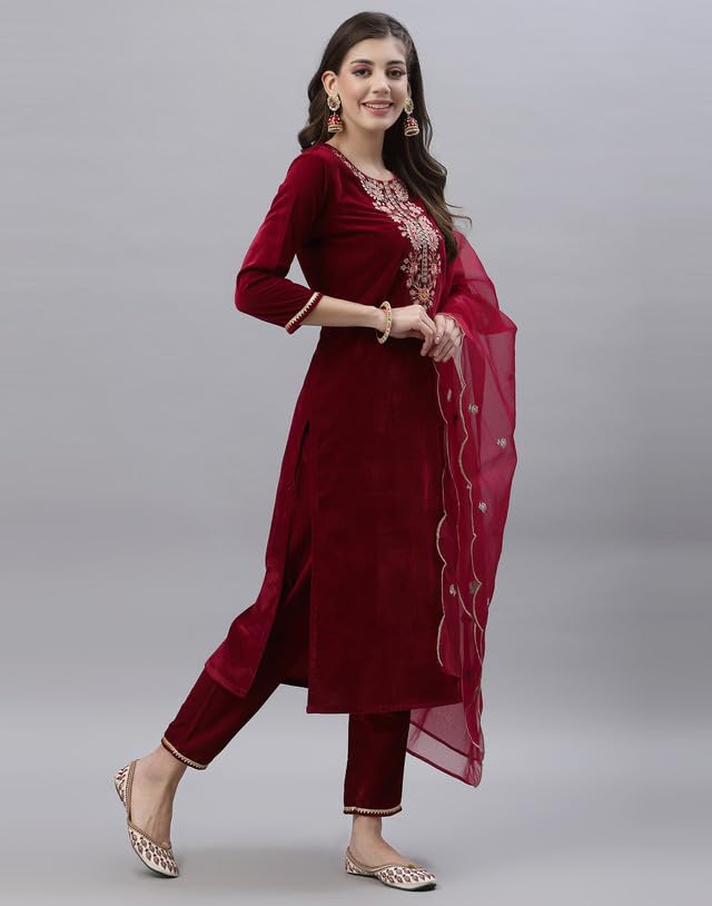 SIRIL Velvet Embroidery Kurta Set - Red - Image 2