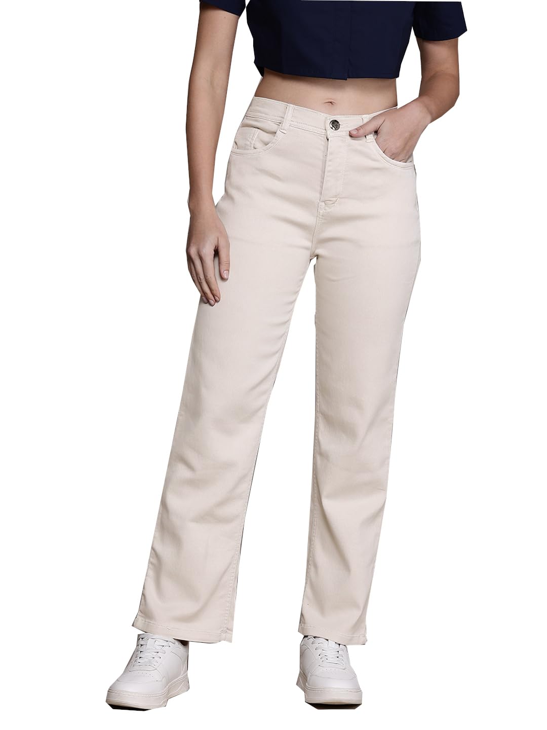 Nifty Cream Straight Fit Boyfriend Jeans for Women