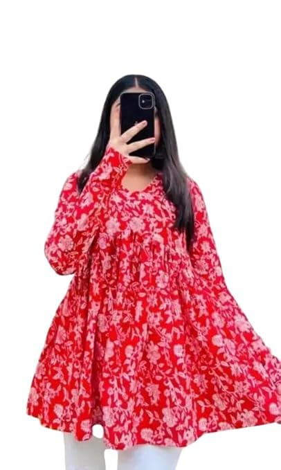 FASHORA Rayon Printed Round Neck Kurti for Women - Red