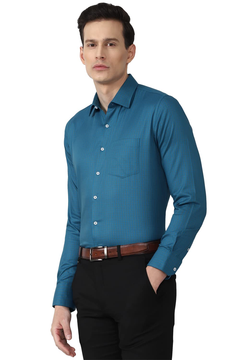 Van Heusen Men's Cotton Solid Slim Fit Shirt - Teal - Image 2
