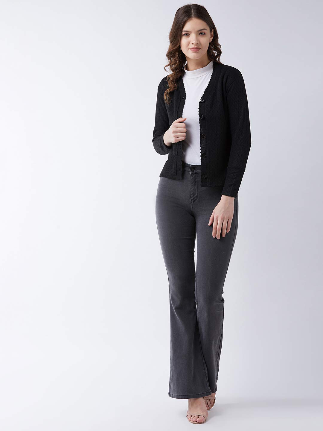 Pivl Women's Acrylic V-Neck Cardigan Sweater - Black - Image 2