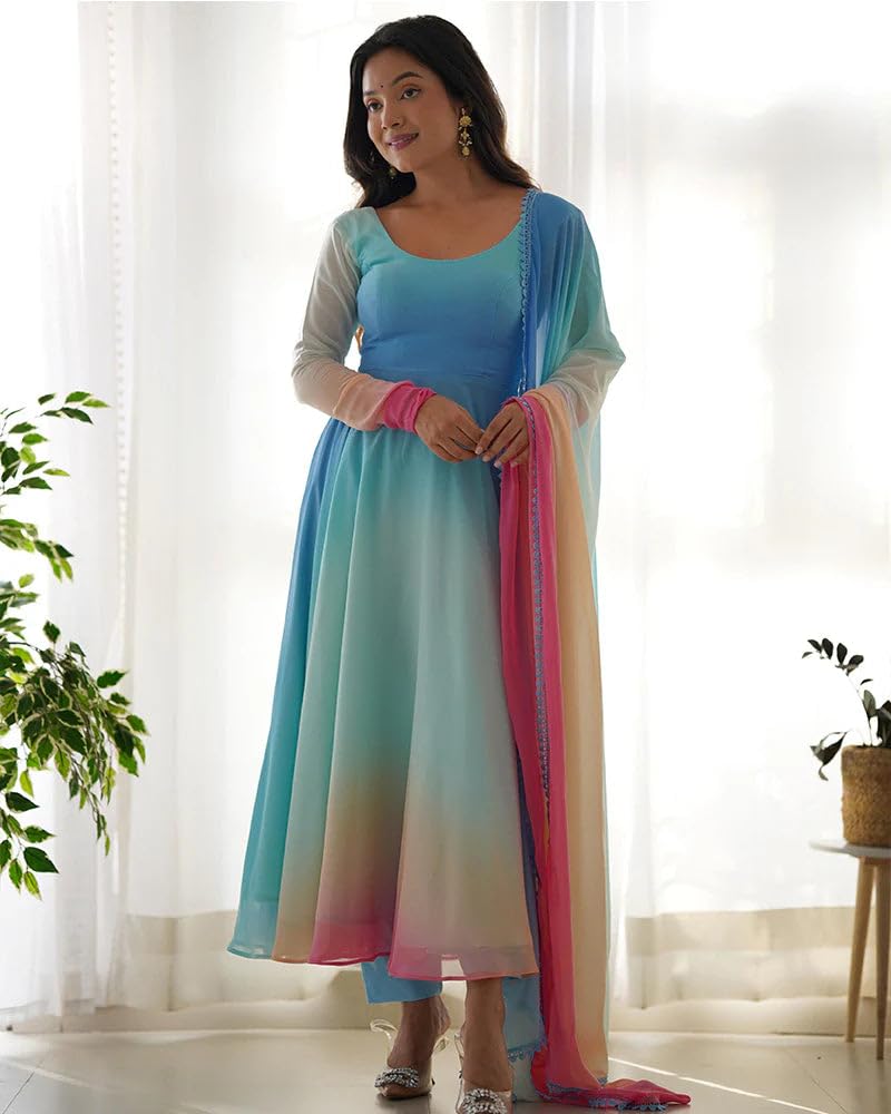 GoSriKi Sky Blue Georgette Anarkali Kurta Set for Women - Image 3
