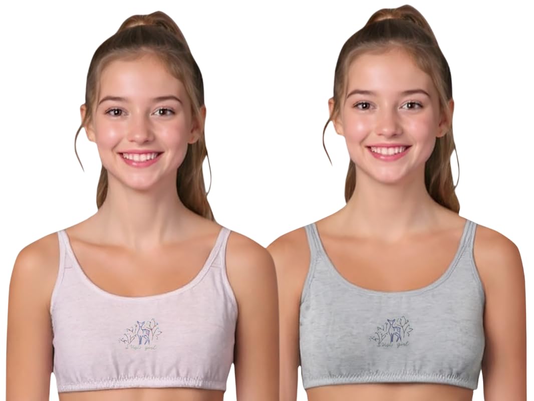 Celary Girl's Cotton Wire Free Bra - Deer-Grey Pink