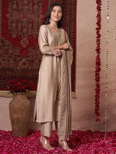 ANNI DESIGNER Women's Rayon Kurta with Pant & Dupatta - Beige - Image 4