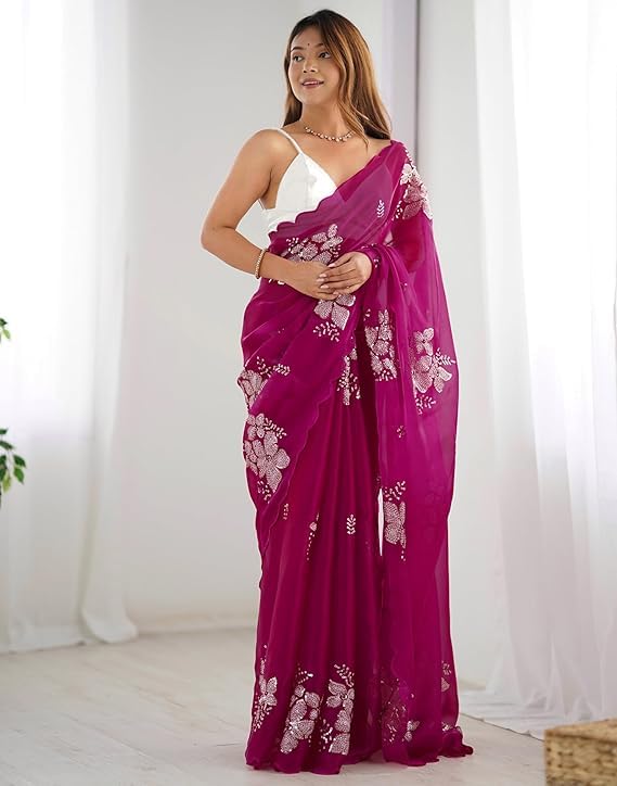 Flosive Women's Shimmer Organza Saree - Purple - Image 4