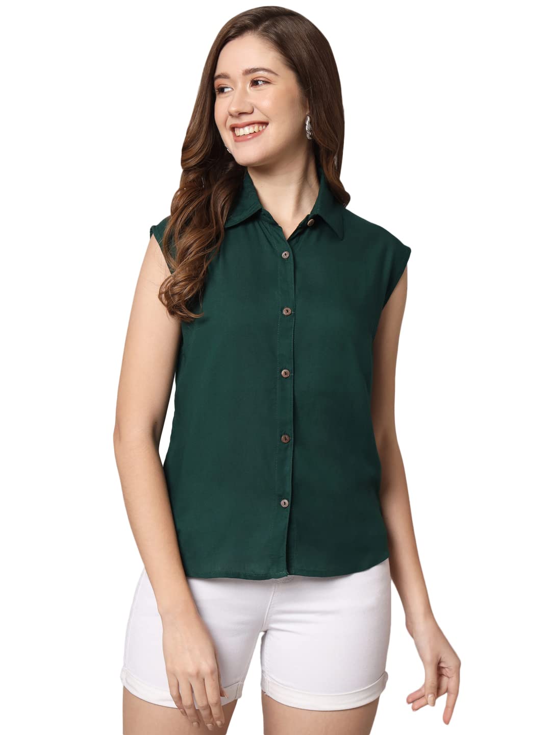 FUNDAY FASHION Women's Rayon Blend Sleeveless Shirt - Bottle Green