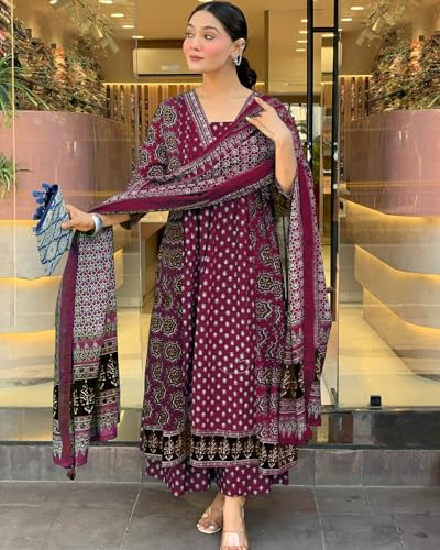 ANNI DESIGNER Women's Rayon Anarkali Kurta - Wine - Image 3