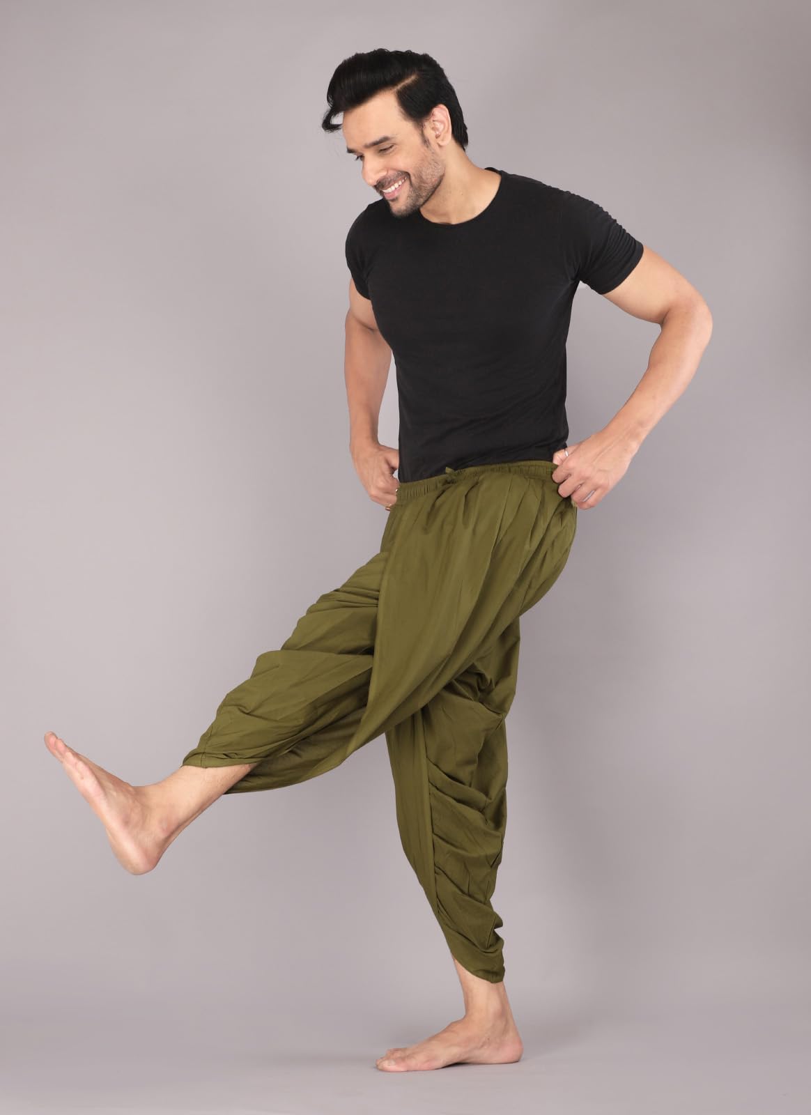 Urali Men Mehndi Green Cotton Dhoti Pants - Image 3