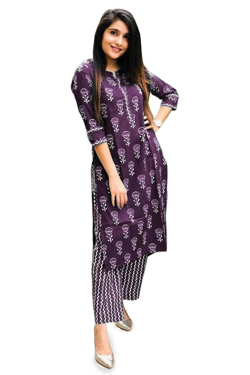 LookMark Women's Printed Cotton Kurta Pant Set - Wine