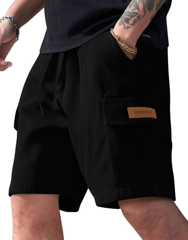 SMOWKLY Men's Ribbed Polycotton Cargo Shorts