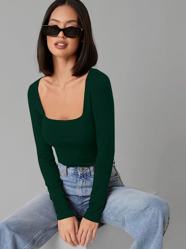 Square Neck Long Sleeve Top for Women - Green - Image 2