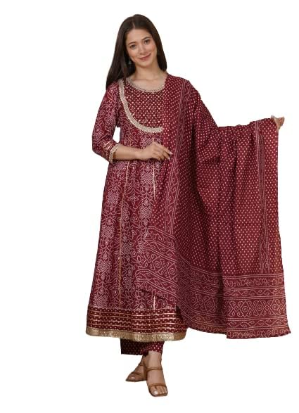 MEERA FAB Women's Cotton Printed Anarkali Kurta - Maroon - Image 2