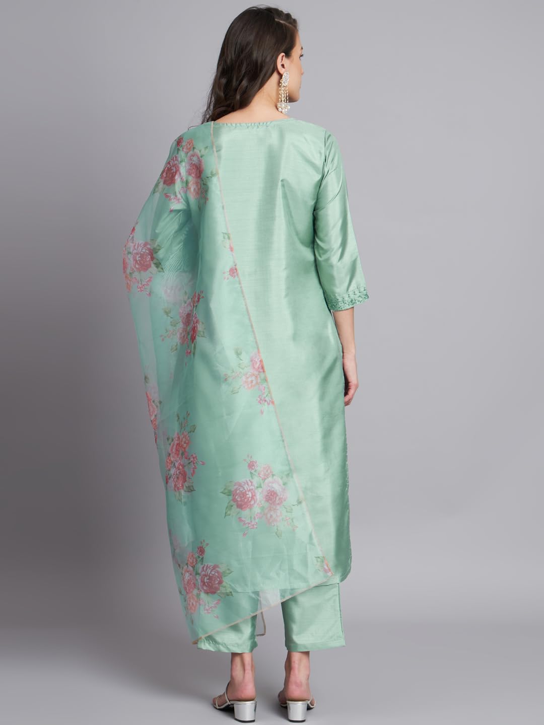 VredeVogel Women's Silk Blend Kurta Pant Set - Sea-Green - Image 5