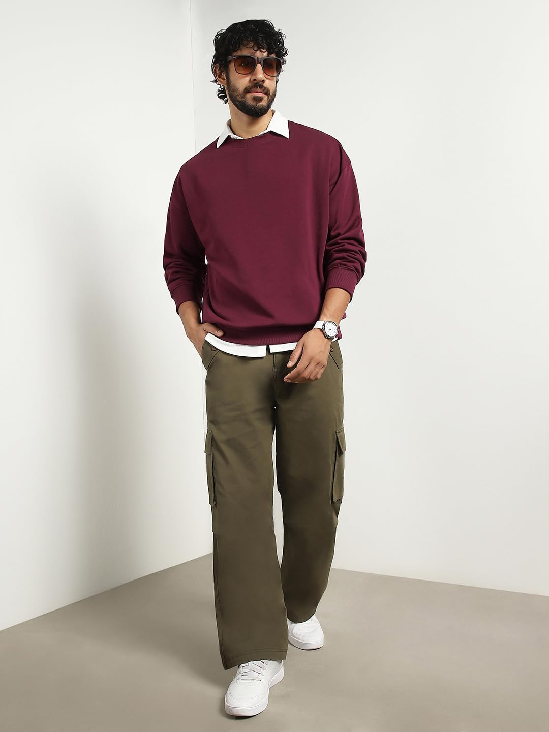 NOBERO Men's Cotton Blend Crew Neck Sweatshirt - Maroon - Image 3