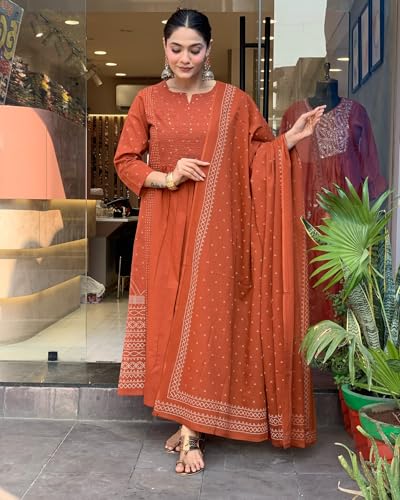 Anarkali Kurta Set with Pant & Dupatta - Orange - Image 2