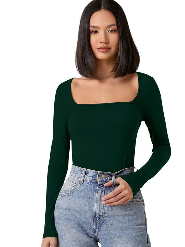 Square Neck Long Sleeve Top for Women - Green