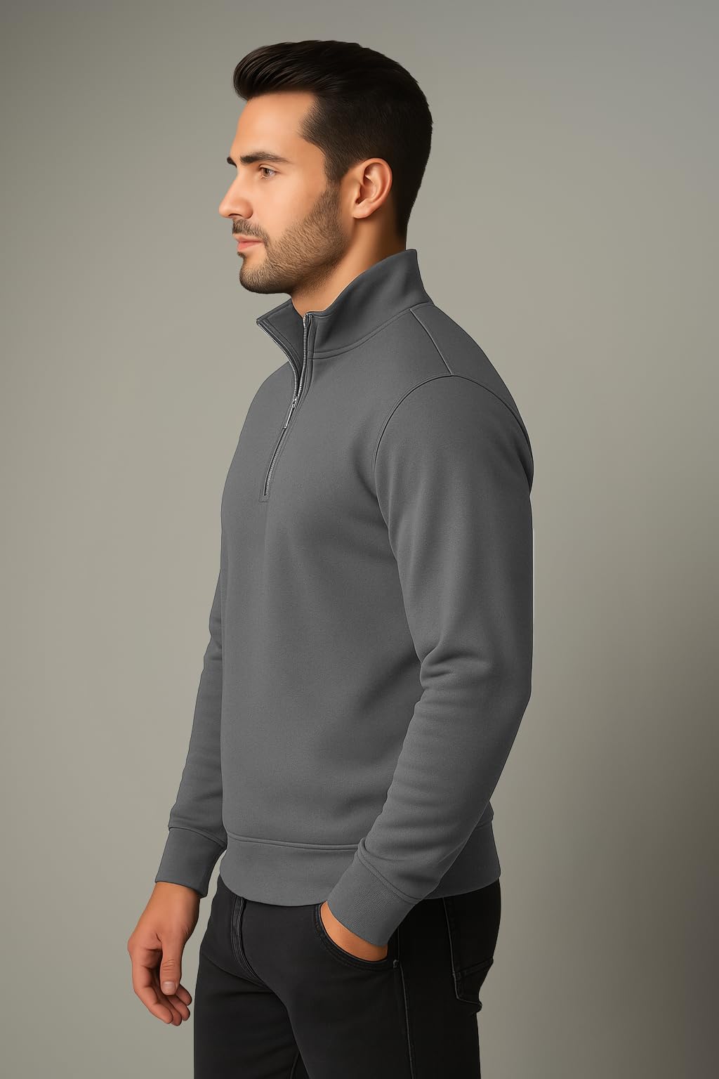 QUTUN Men's Half Zipper Sweatshirt - Dark Grey - Image 3