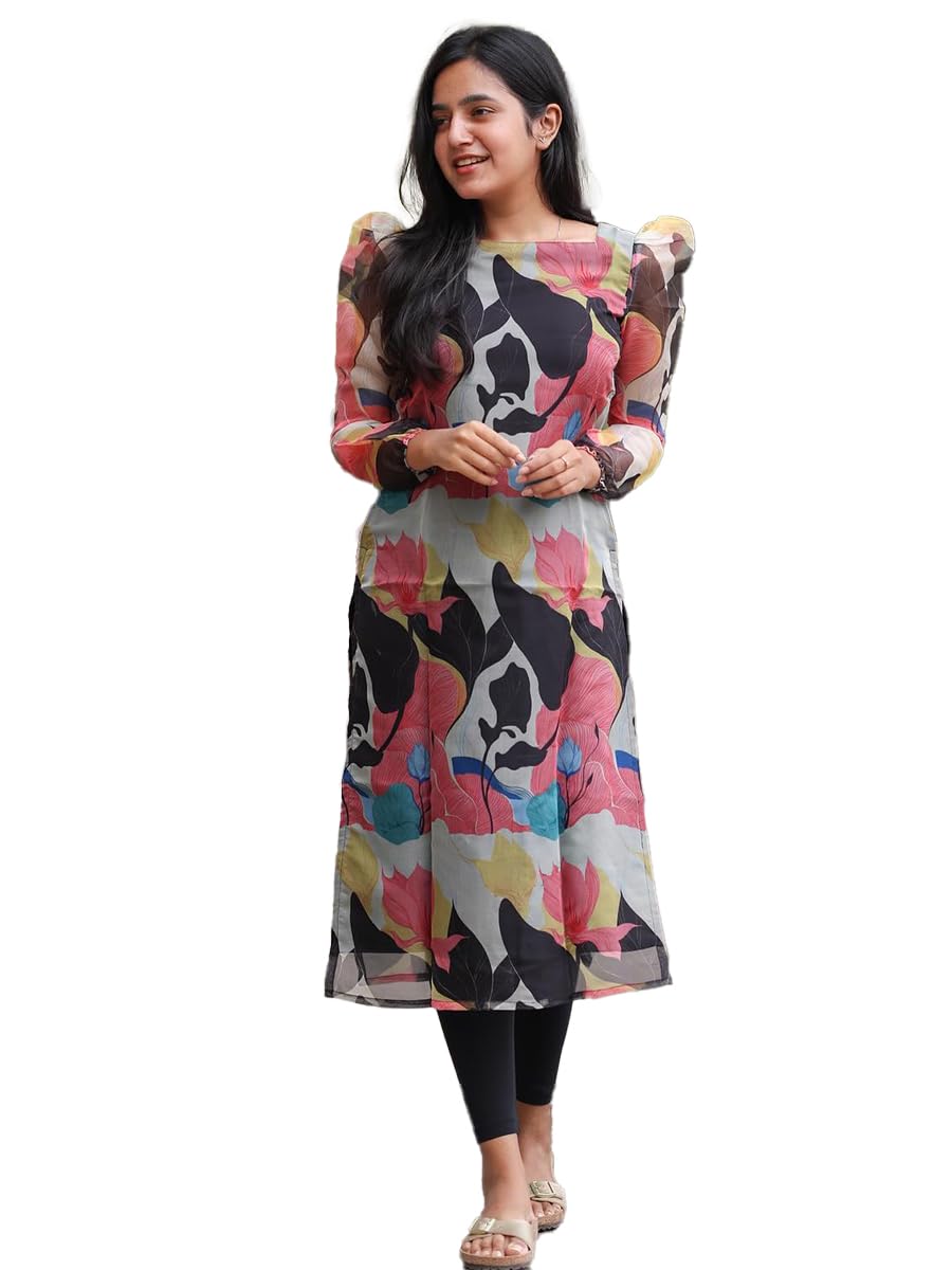 Black Organza Straight Kurti with Floral Print