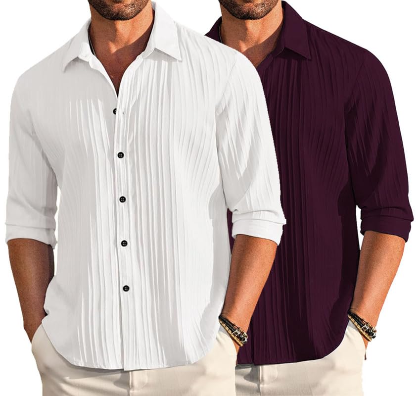 DEELMO Men's Linen Shirt - White Purple