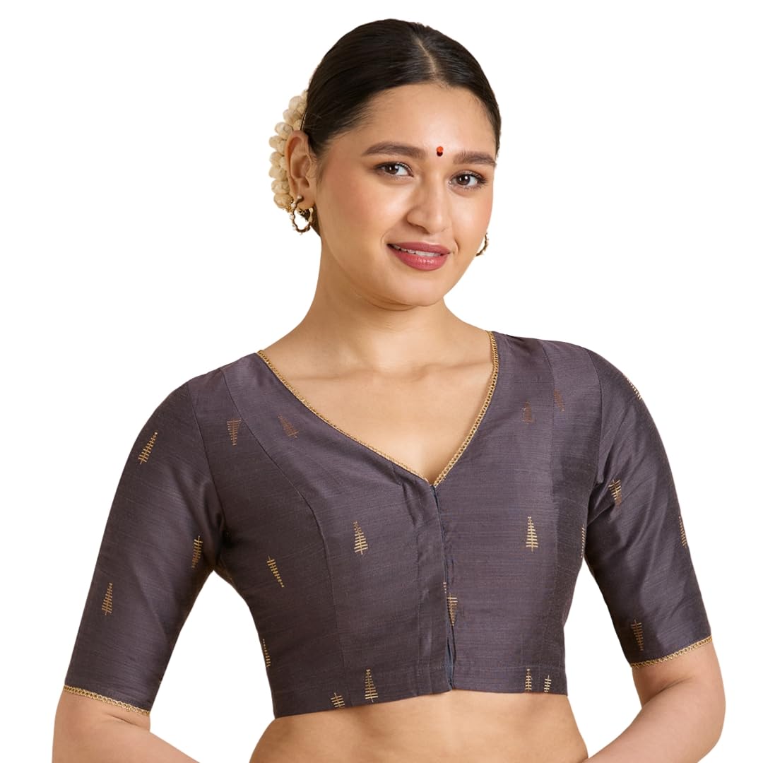 Studio Shringaar Women's Handloom Cotton Silk Saree Blouse - Grey