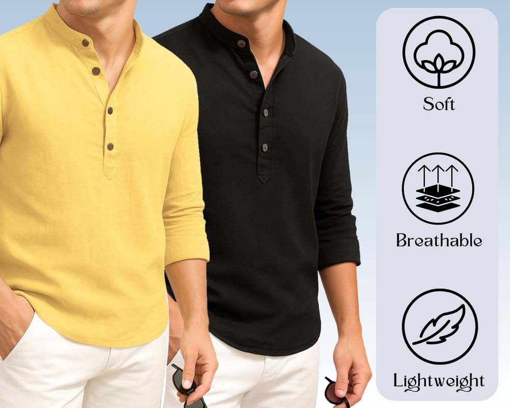 DEELMO Men's Cotton Blend Short Kurta - Yellow & Black - Image 2