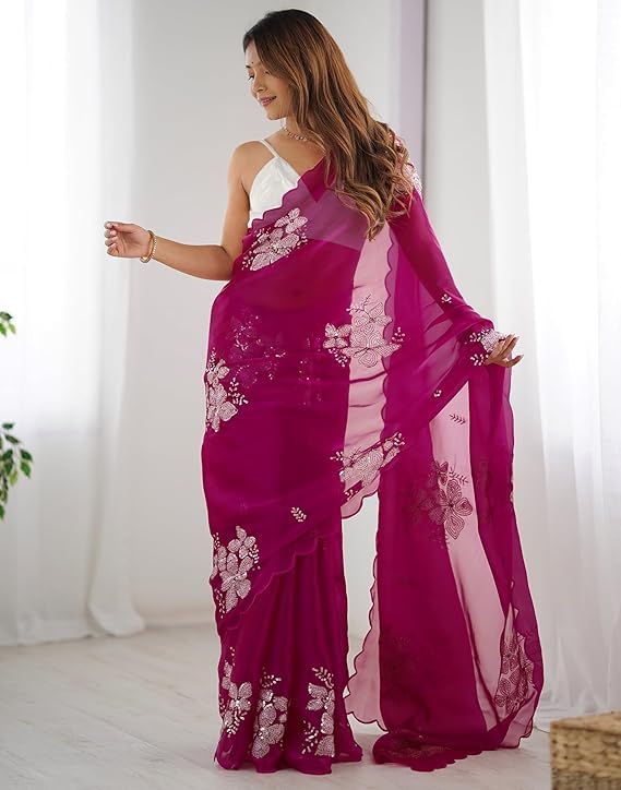 Flosive Women's Shimmer Organza Saree - Purple - Image 5