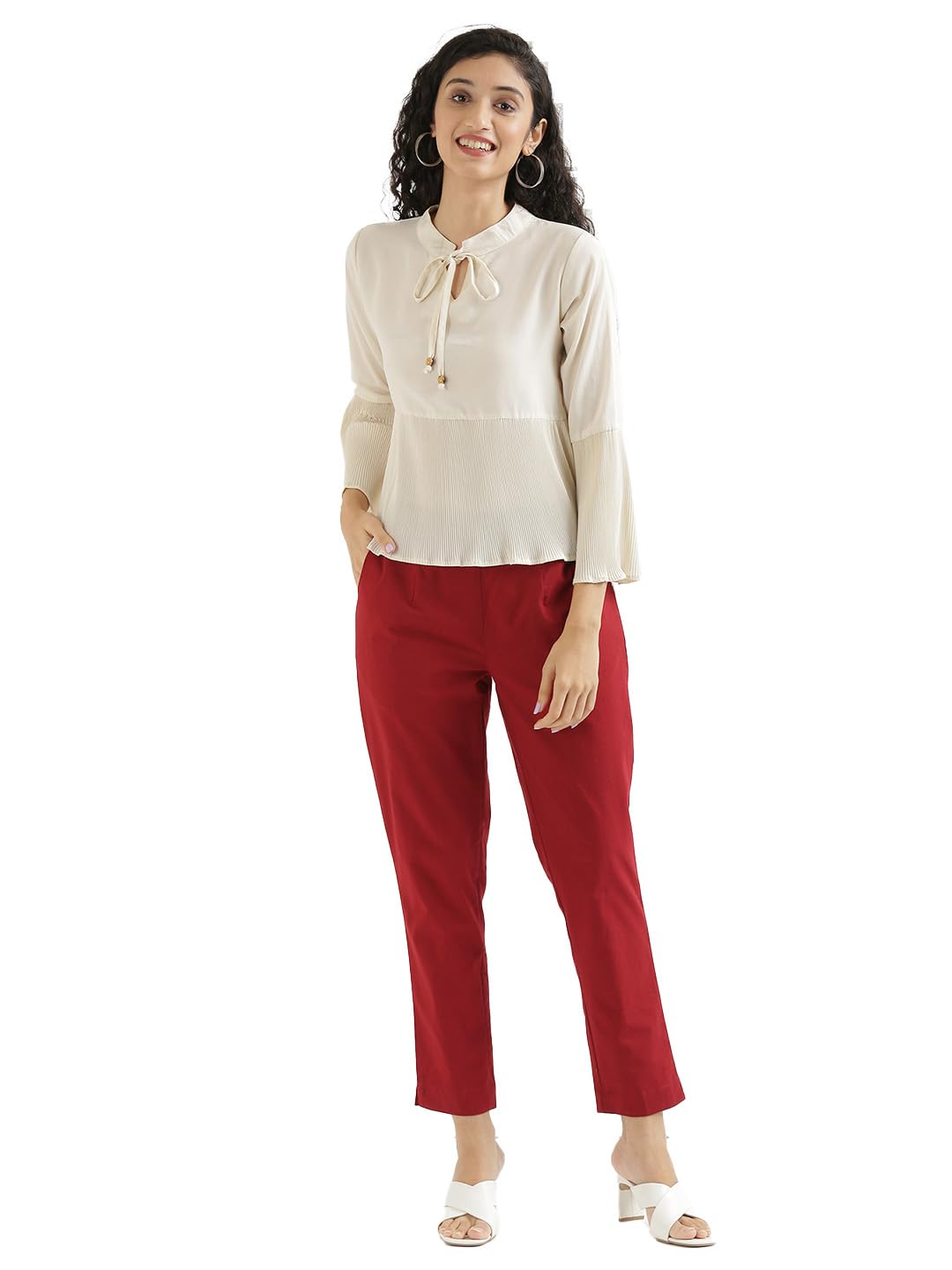 SAADAA Women's Cotton Trousers - Maroon - Image 2
