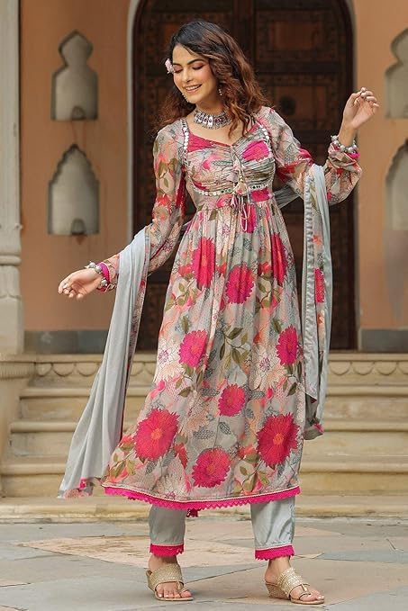 Georgette Anarkali Kurta Set for Women - Pink Grey - Image 2