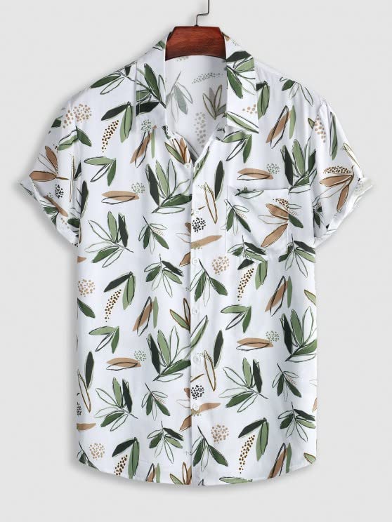 Leriya Fashion Men's Tropical Print Cotton Shirt - White Green - Image 4