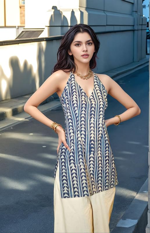 DIGILINE Women's Indigo Hand Block Printed Halter Neck Tunic - Image 2