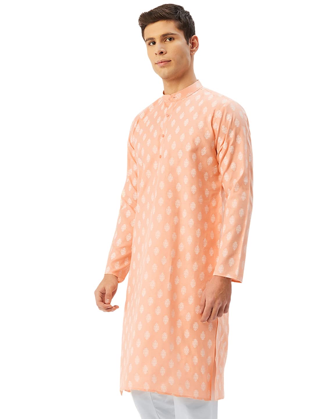 Jompers Men's Cotton Floral Printed Kurta - Peach - Image 3