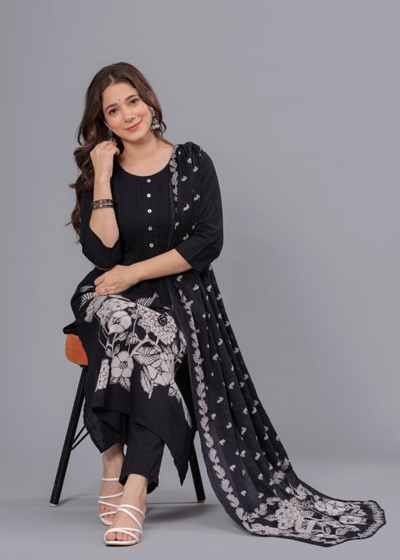 Arayna Women's Cotton Printed Kurta Set with Palazzo & Dupatta - Black - Image 5
