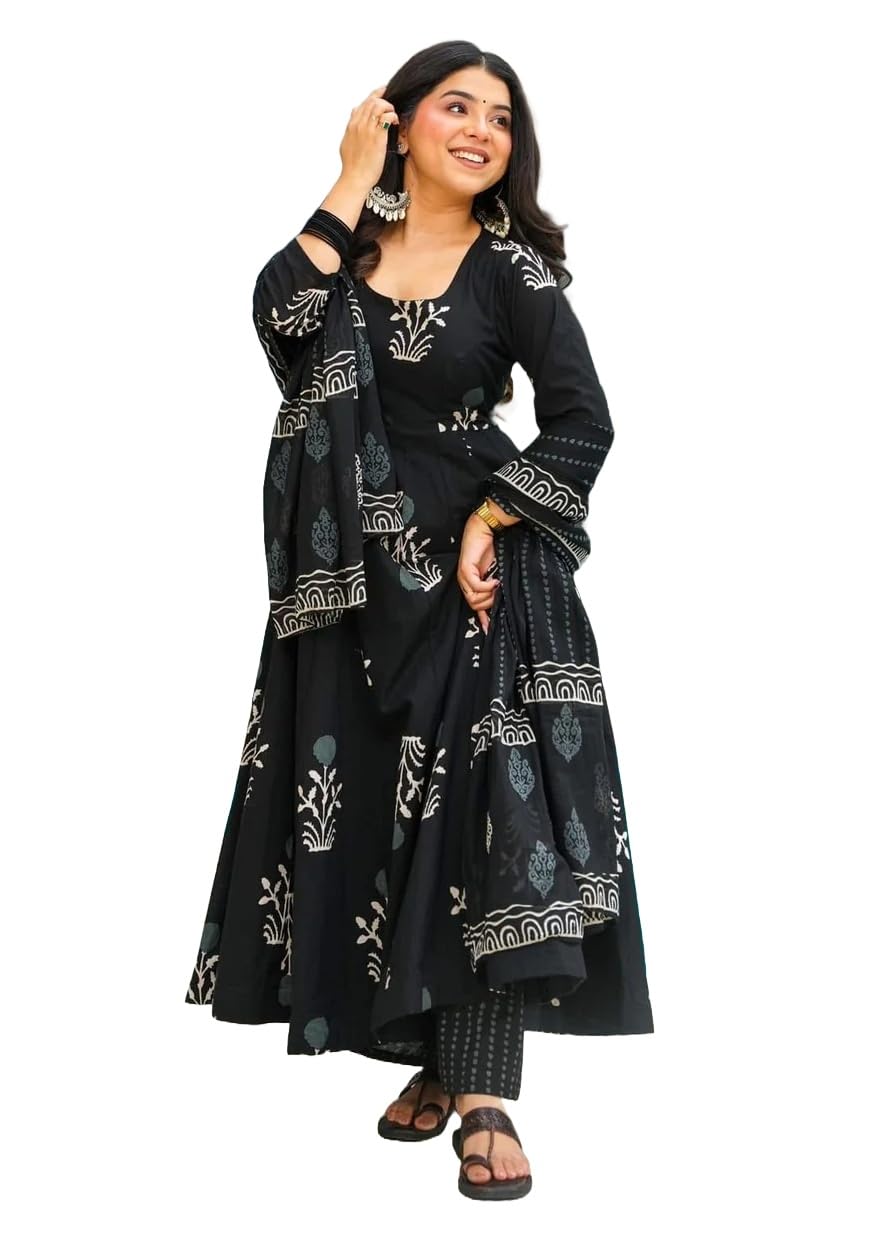 KLOSIA Women Printed Anarkali Kurta Set - Black