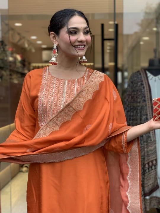 Nermosa Women's Embroidery Silk Kurta Set - Orange - Image 3