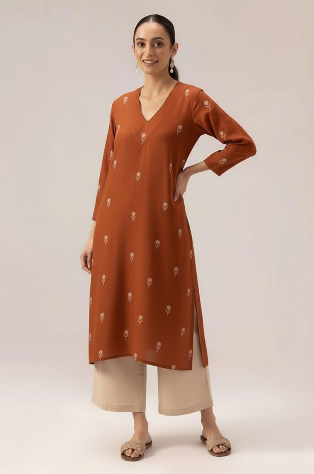 ANNI DESIGNER Cream Floral Rayon Kurta Set - Image 5