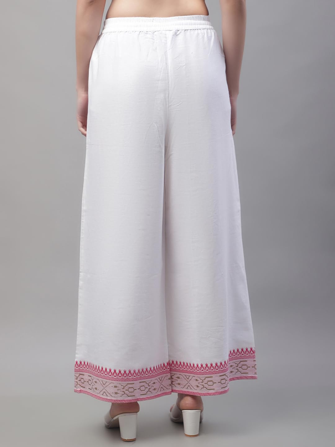Pistaa Women Cotton Flair Printed Palazzo - White Pink - Image 5