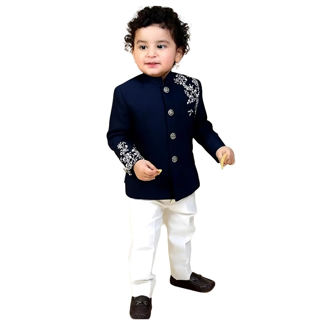 GarbGlide Baby Boy Sherwani - Navy Blue Embroidered