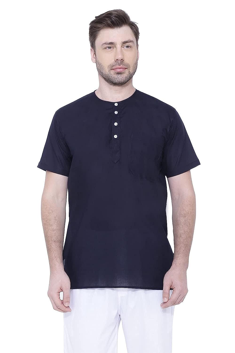 Fashtastic Men's Navy Blue Cotton Short Kurta