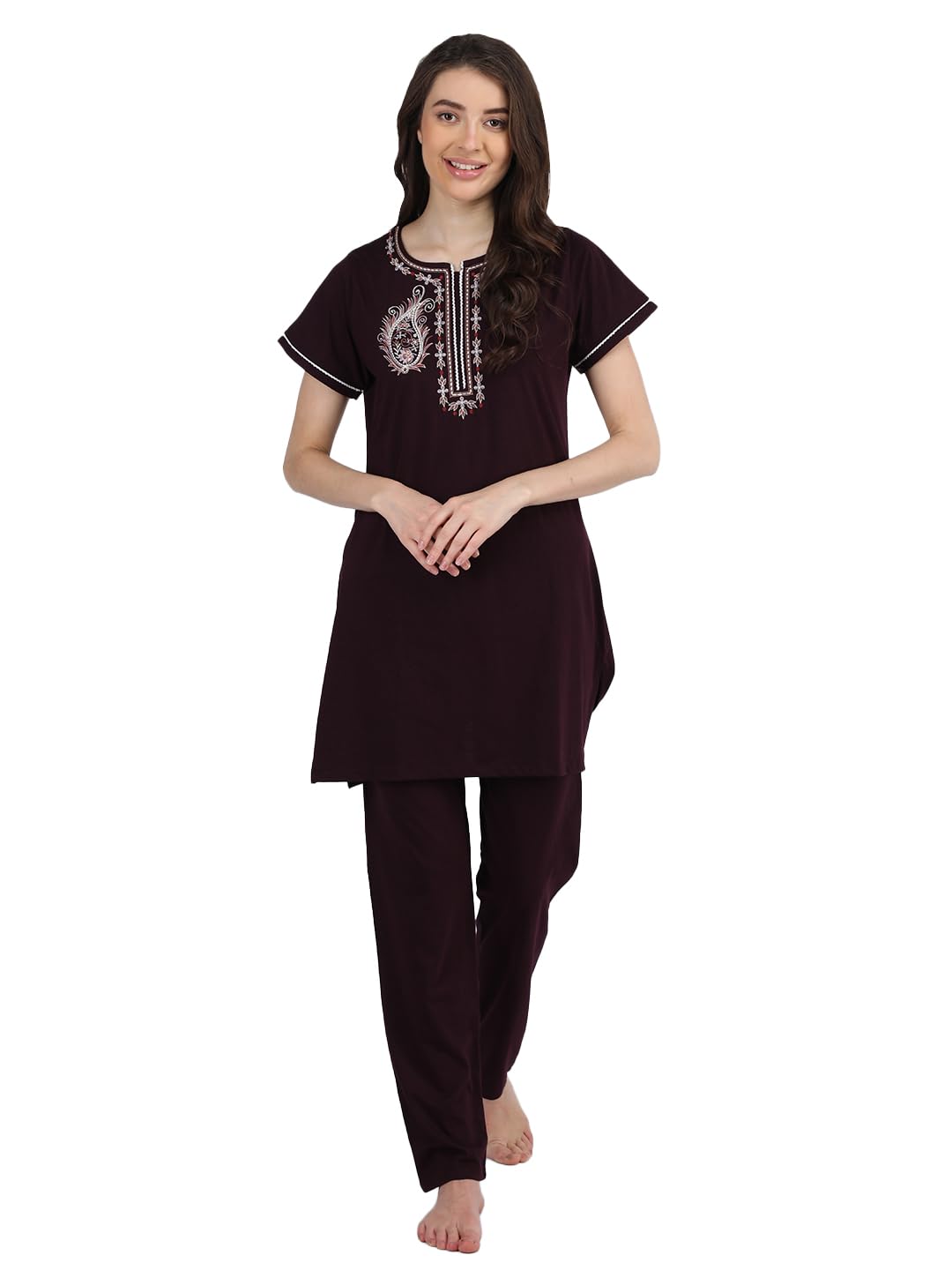 Duchess Women's Cotton Embroidered Night Suit - Wine
