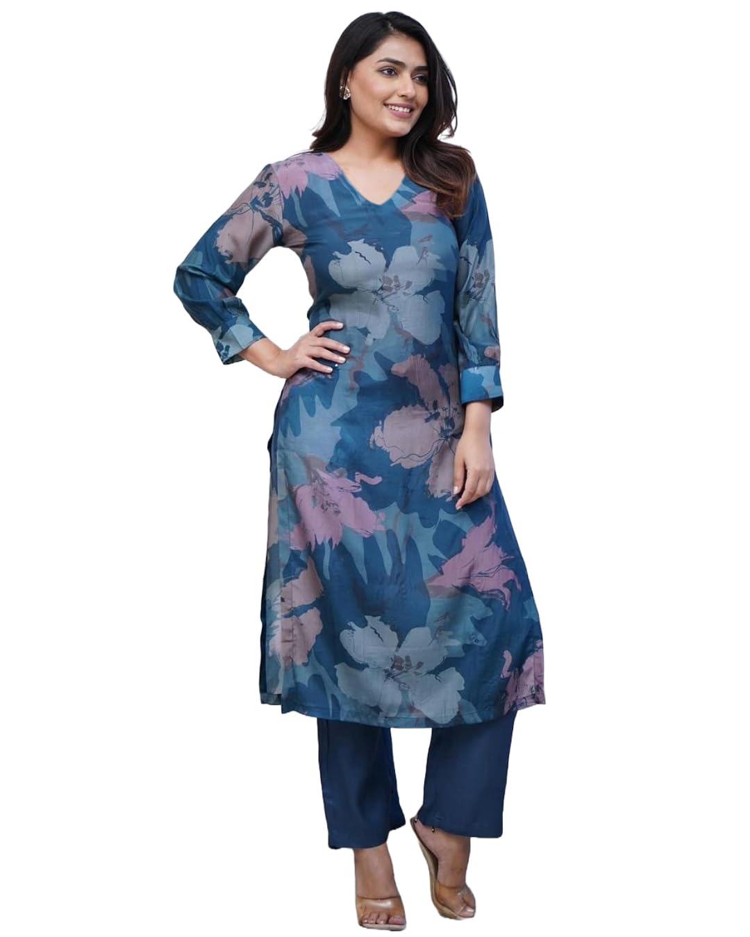 GoSriKi Blue Chanderi Blend Kurta Set for Women