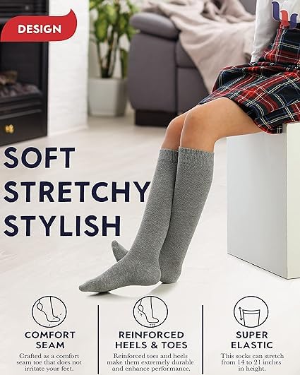 WKLOUYHE Kids Knee High Socks - Grey Cotton - Image 3