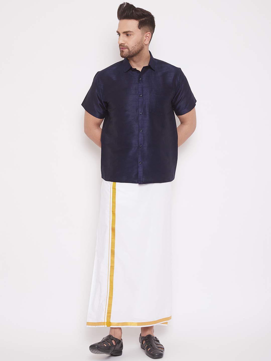 VASTRAMAY Navy Blue Ethnic Shirt for Men - Image 5