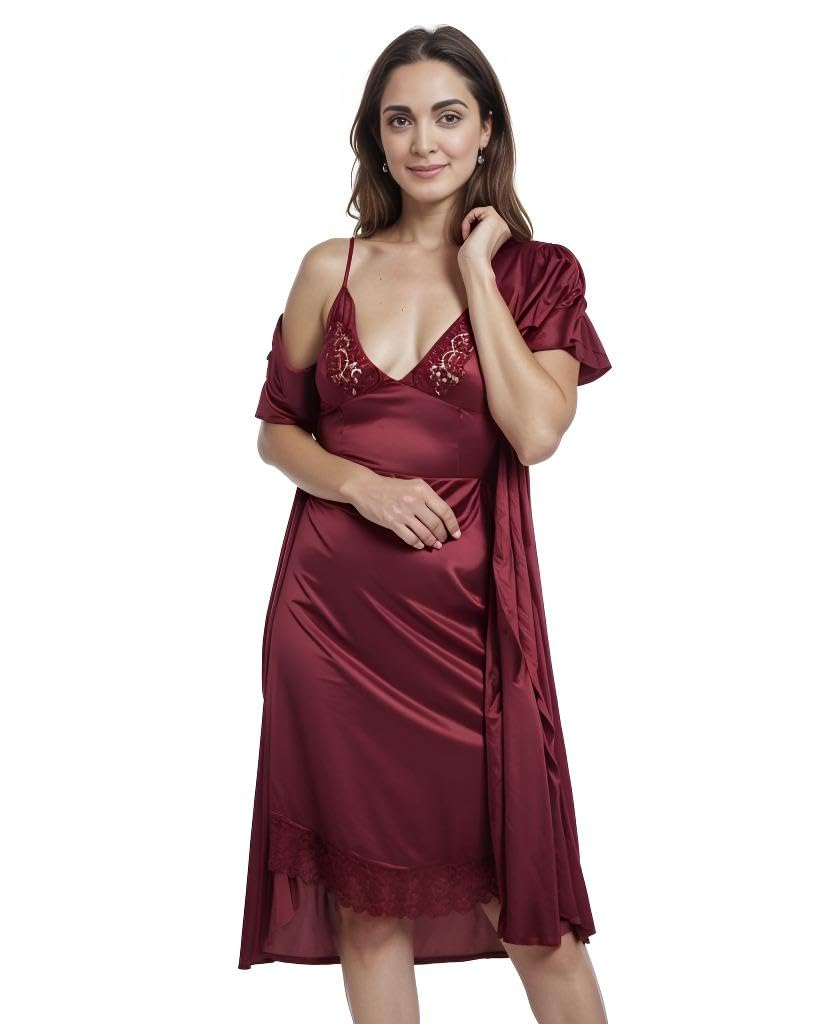 PNAEONG Women's Satin Nighty with Lace & Robe