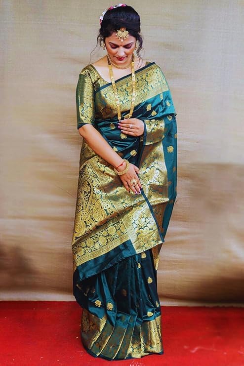 C J Enterprise Women's Banarasi Kanjivaram Silk Saree - Peacock Blue - Image 3