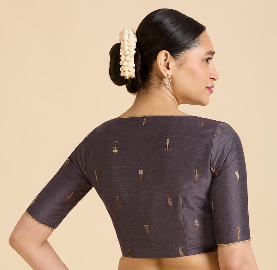 Studio Shringaar Women's Handloom Cotton Silk Saree Blouse - Grey - Image 2