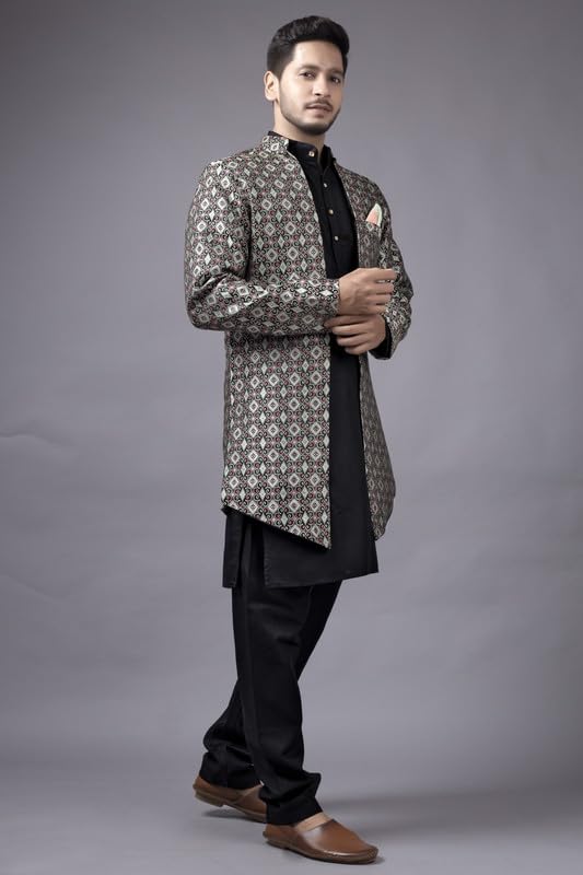 Amzira Men Black Kurta Pajama Set with Long Jacket - Image 4